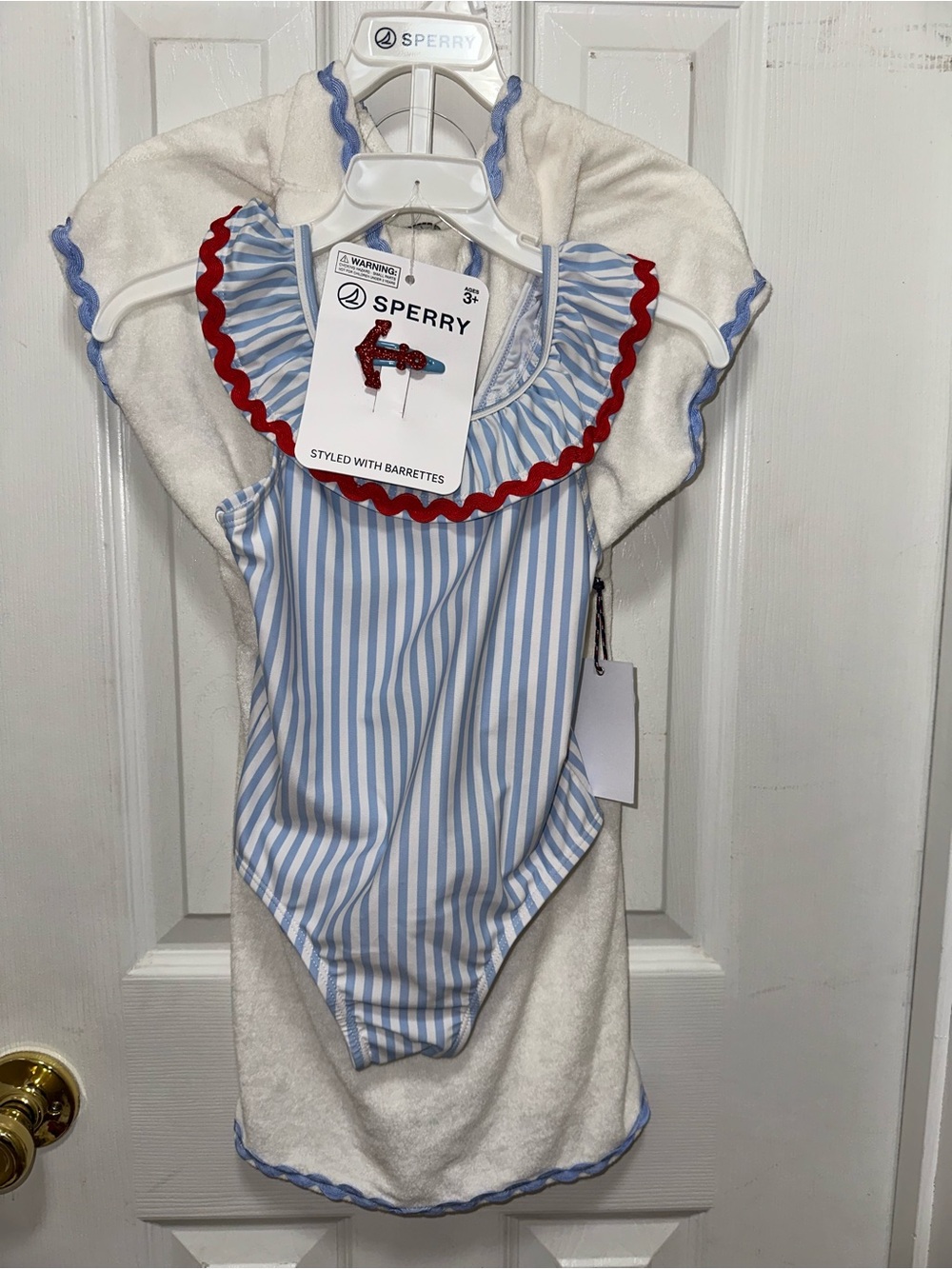 3pc set Sperry Blue and White Striped One-Piece with Red Trim